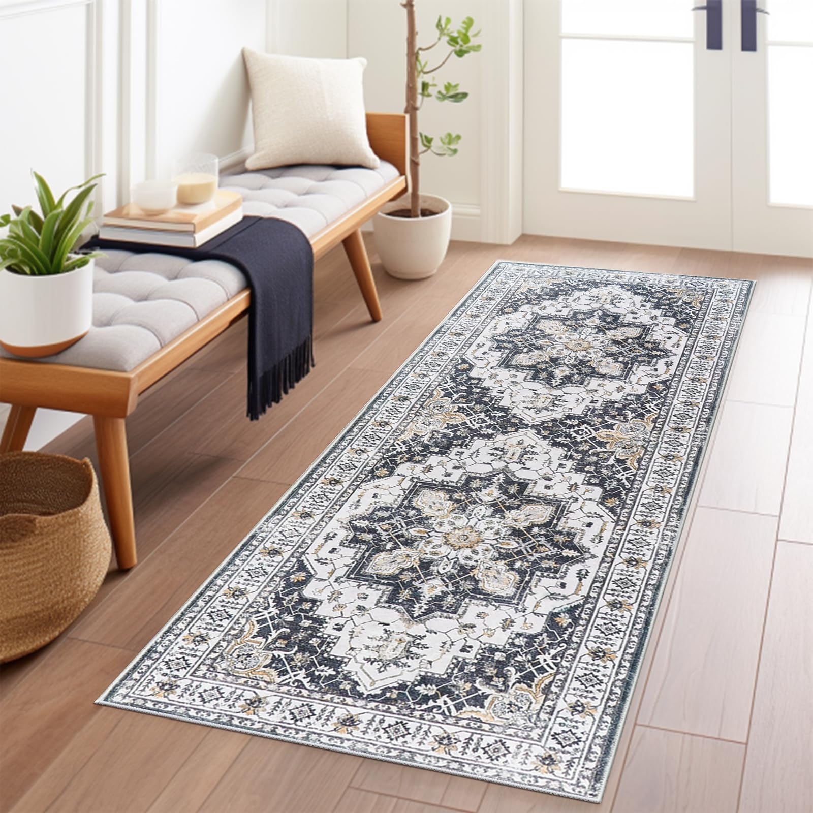 Photo 1 of Madane Washable Runner Rug - 2x6 Rug Runners for Hallways 6 Feet Non Slip Vintage Kitchen Runner Rug Ultra-Thin Bathroom Runner Rugs Carpet Laundry Room Bedroom (2x6ft, Black)