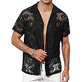Csqopt Mens Floral Lace Shirt Casual Mesh Sexy Sheer See Through Short Sleeve Beach Button Down Shirts