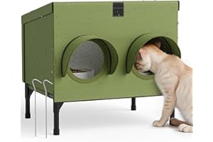 PELUOMOZ Outdoor Cat Feeding Station – Waterproof Dining Shelter for Feral & Community Cats, Insulated Roof & Walls, Dual-Feed Hole Design, Connects to Cat House – Green, 16"×12"×15.5"