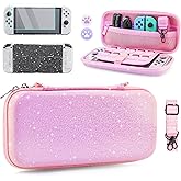 HYPERCASE Pink Glitter Carrying Case Compatible with Nintendo Switch OLED, Portable Travel Storage Case with Clear Switch OLED Protective Cover, Screen Protector, Shouder Strap & 2 Thumb Caps