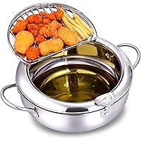 Deep Fryer Pot,304 Stainless Steel with Temperature Control and Lid Japanese Style Tempura Fryer Pan Uncoated Fryer…