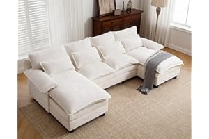 Siiejia U Shape Cloud Couch, 4 Seats Comfy Sectional Sofa Couches for Living Room, Modular Chenille Sofas with Double Reversible Chaise for Spacious Space Apartment, Beige