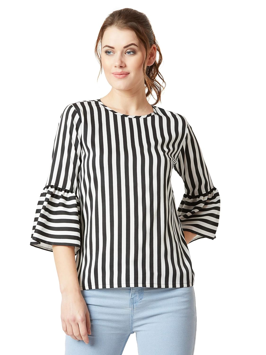 black and white striped ruffle top
