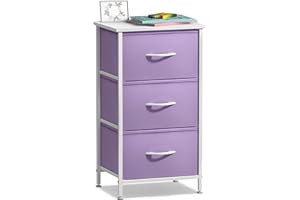 Sorbus Nightstand with 3 Drawers - Bedside Furniture & Accent End Table Chest for Home, Bedroom Accessories, Office, College Dorm, Steel Frame, Wood Top, Pastel Fabric Bins (Purple)