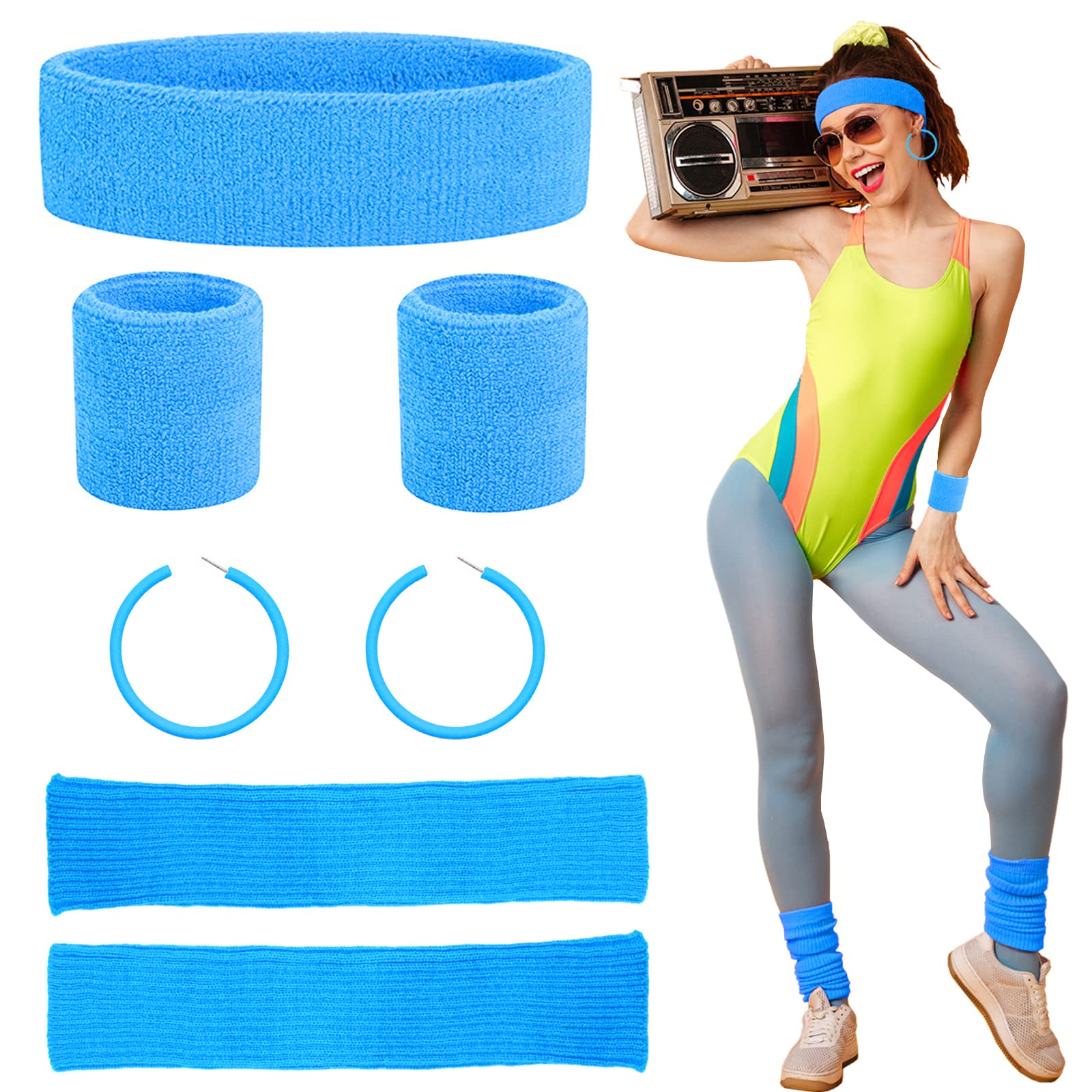 Beamely 80s Headband and Wristband Leg Warmers Party Set for Women and Girls, 1980s Neon Fancy Dress Costumes Accessories with Earrings Sport Kit for 80s Retro Them Party Supplies Gym Sport(Blue)