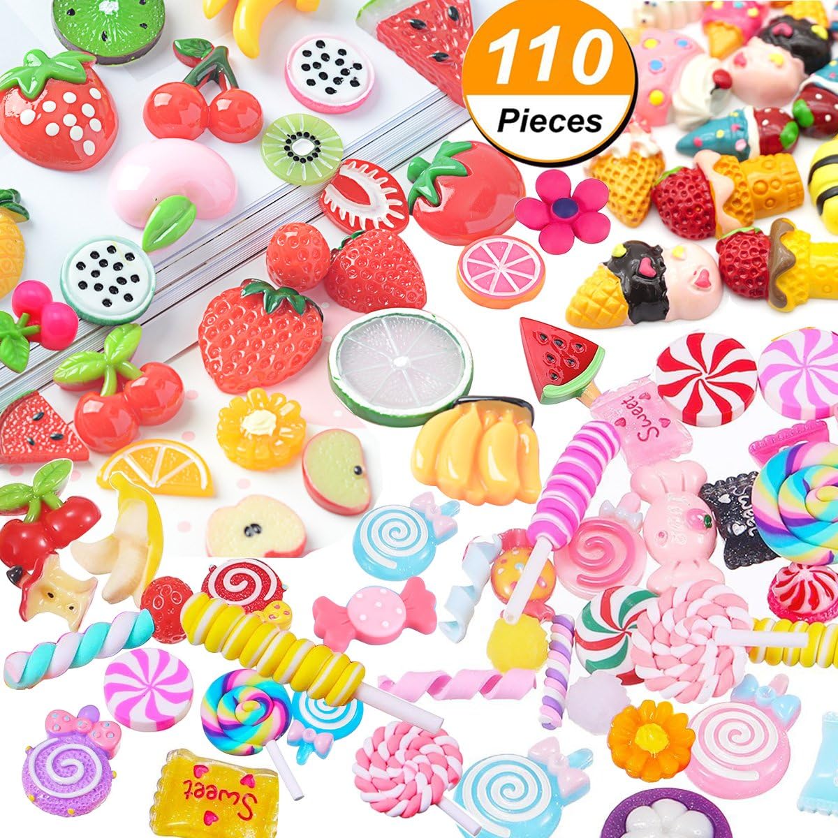 VVLife 110 Pieces Slime Charms Mixed Fruits and Sweets Slime Beads for DIY Crafts Accessories Scrapbooking, DIY Crafts Accessories