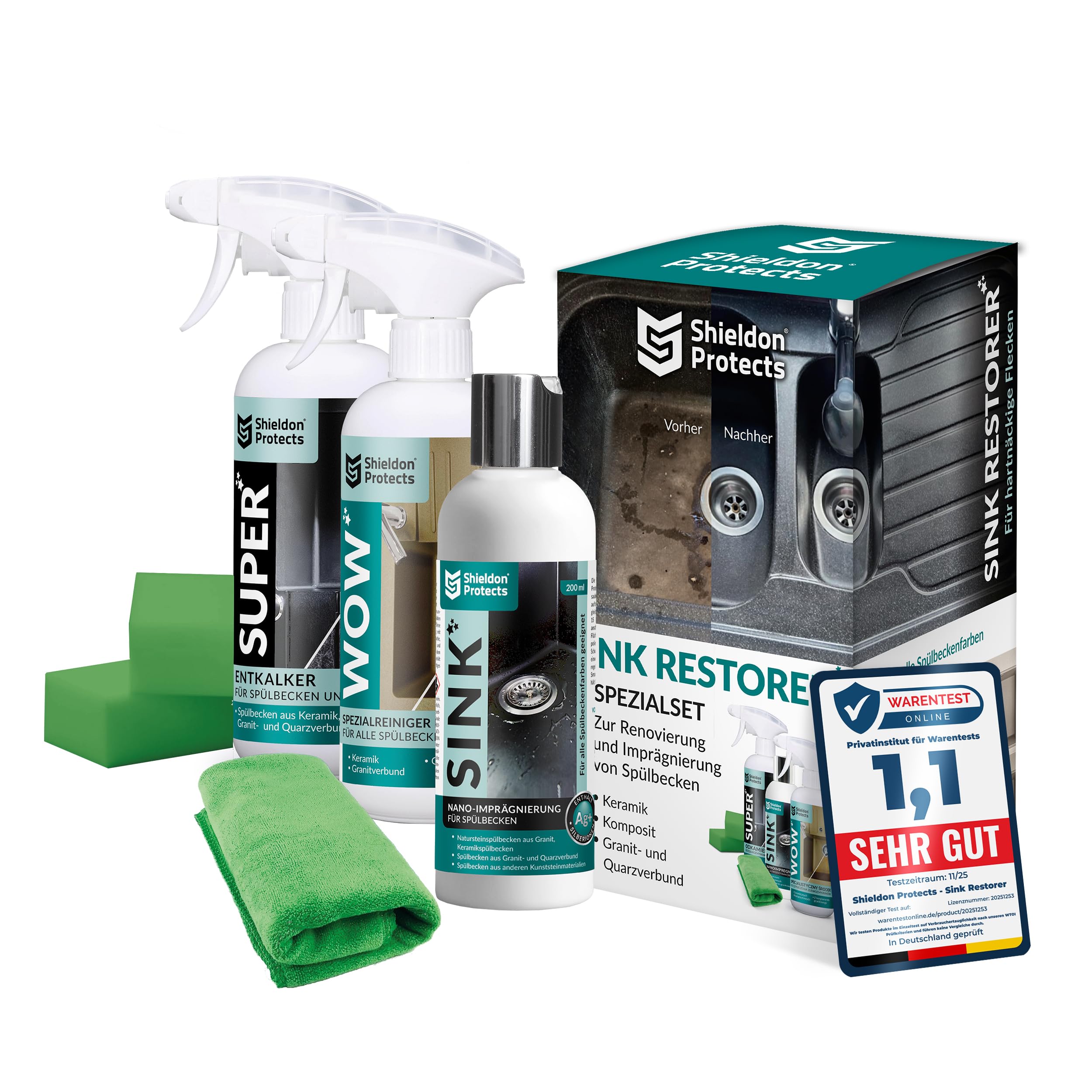 Shieldon Protects Sink Restorer Spüle Imprägnierung und Reinigung Set - Drei Reiniger für Küche Spüle + 2x Schwamm und Mikrofasertuch - Granit, Blanco, Silgranit Reiniger für Granitspüle