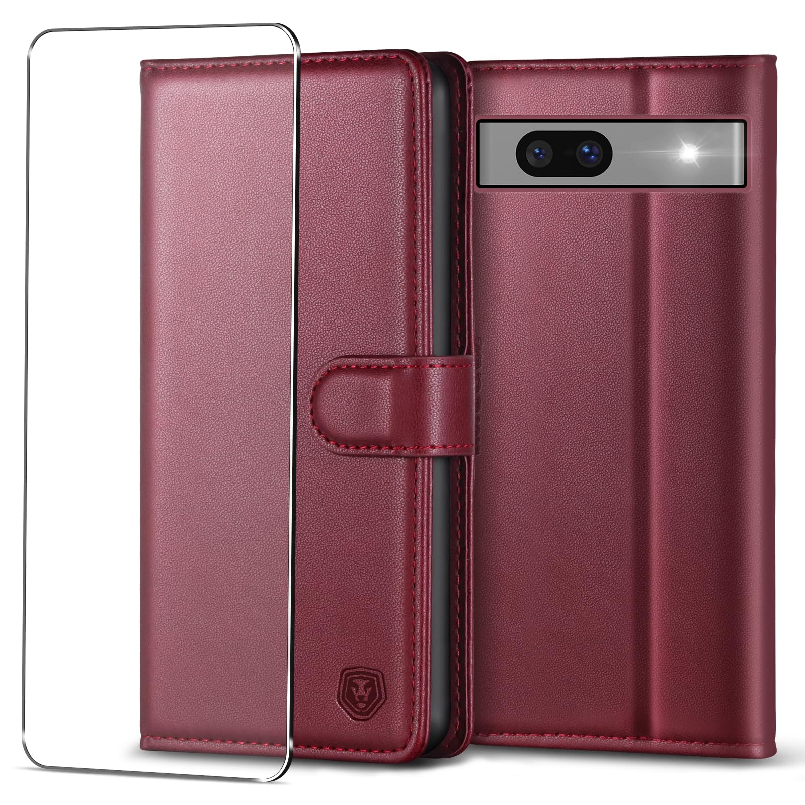 Kuafcase for Google Pixel 7a Case with 1 Screen Protector, 4 Card Slots Magnetic Closure Kickstand Shockproof Phone Case for Google Pixel 7a - Wine Red — image 1