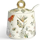 JUSONEY Ceramic Sugar Bowl with Lid and Spoon with Floral Pattern, Gold Trim - 7.5oz Elegant Sugar Jar with Lid and Spoon, Nordic Style for Kitchen, Dining, Cafe, Gift Idea (B)