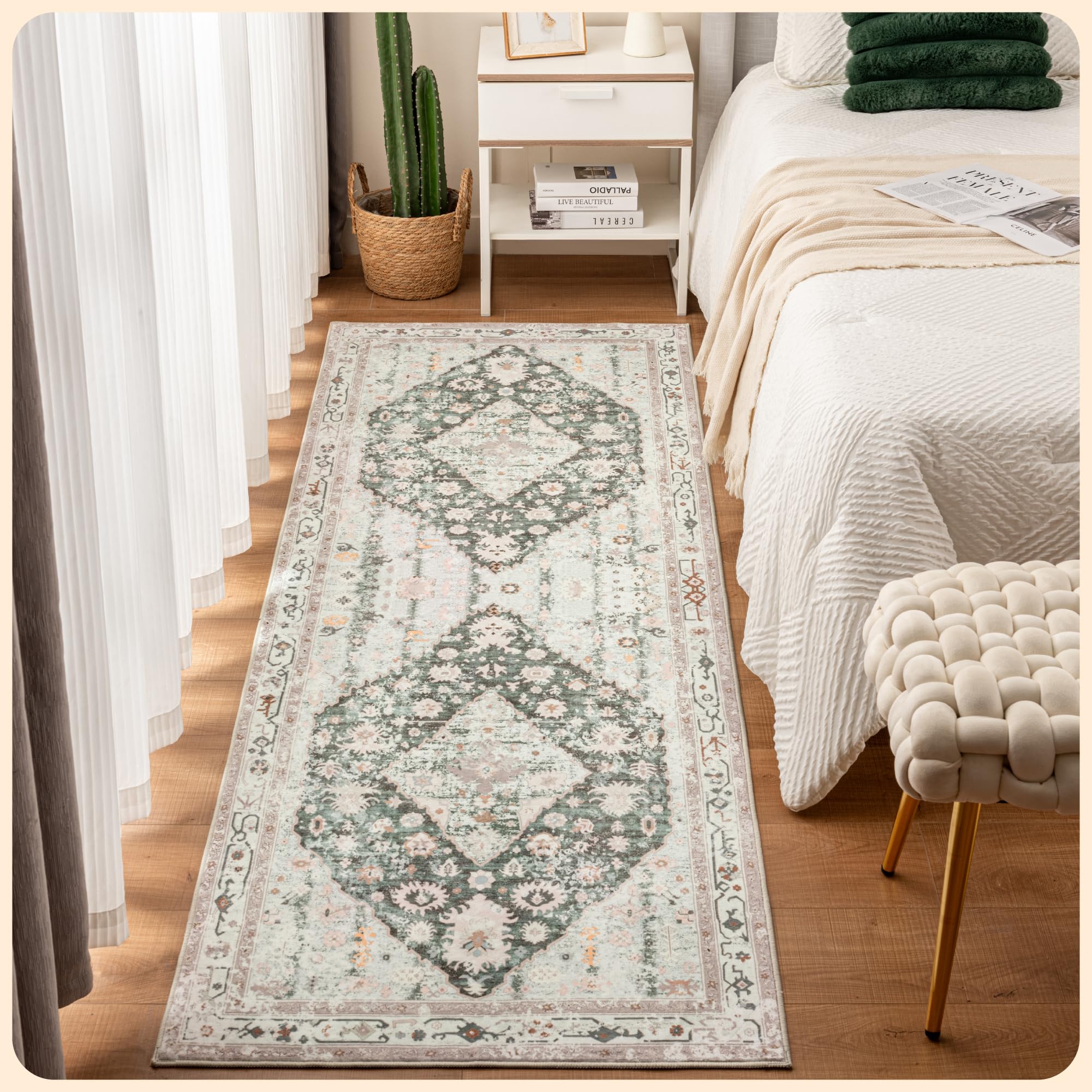 Istana Hallway Runner Rug 2.5x8 - Light Green/Beige Kitchen Rugs Non Slip Washable -Silk's Soft Touch Carpet Runner - Stylish Rugs for Home Image