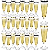 Jingmore 24 Pcs Plastic Champagne Flutes 4 oz Clear Toasting Glasses Plastic Wine Glasses Cocktail Cup for Valentine Wedding Bridal Shower Birthday Anniversary(Gold,Black)