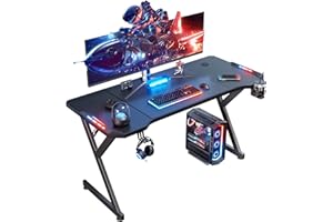 HLDIRECT 47 Inch Gaming Desk with LED Lights, Ergonomic Computer Table with Carbon Fibre Surface, Sturdy PC Workstation Desk for Home Office with Headphone Hook, Cup Holder, Black