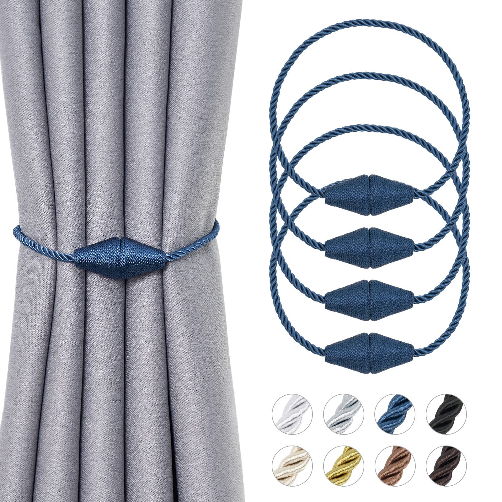 Pretty Jolly 4 Pack Upgrade Magnetic Curtain Tiebacks 16 Inch Handmade Weave Rope Curtain Holdbacks Convenient Decorative Cone Curtain Drape Tie Backs for Home & Office Window Drapery (New Navy)
