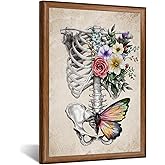 KREATIVE ARTS Vintage Human Skull Canvas Wall Art Floral Butterfly Skeleton Anatomy Print with Brown Frame for Bedroom Living Room Halloween Gothic Decor Vertical Painting Ready to Hang 16x24 Inch