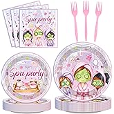 VorkiVecKi Spa Party Decorations Plates - 96 Pcs Makeup Paper Tableware Plate Set Napkins Forks Disposable Serving, Pink Slumber Sleepover Pajama Birthday Party Supplies Decor for Girls Kids Women