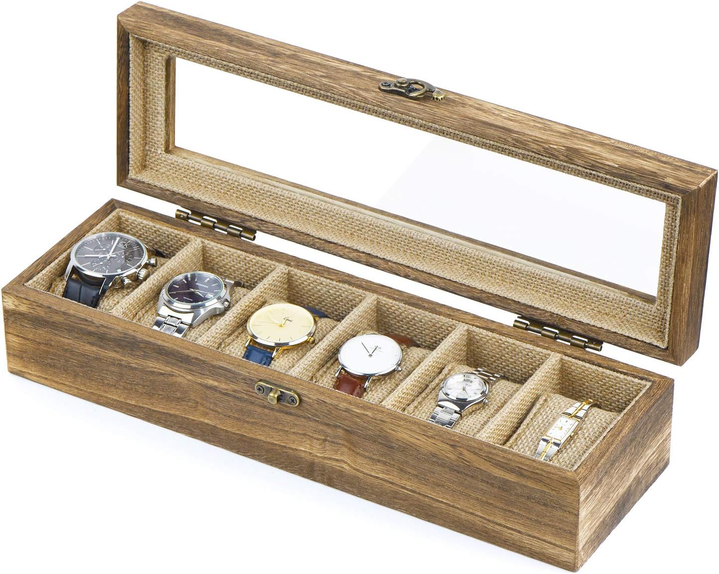 SRIWATANA Watch Box 6 Slot Watch Case, Watch Box Organizer for Men Women, Wood Display Case with Glass Top, Vintage Style