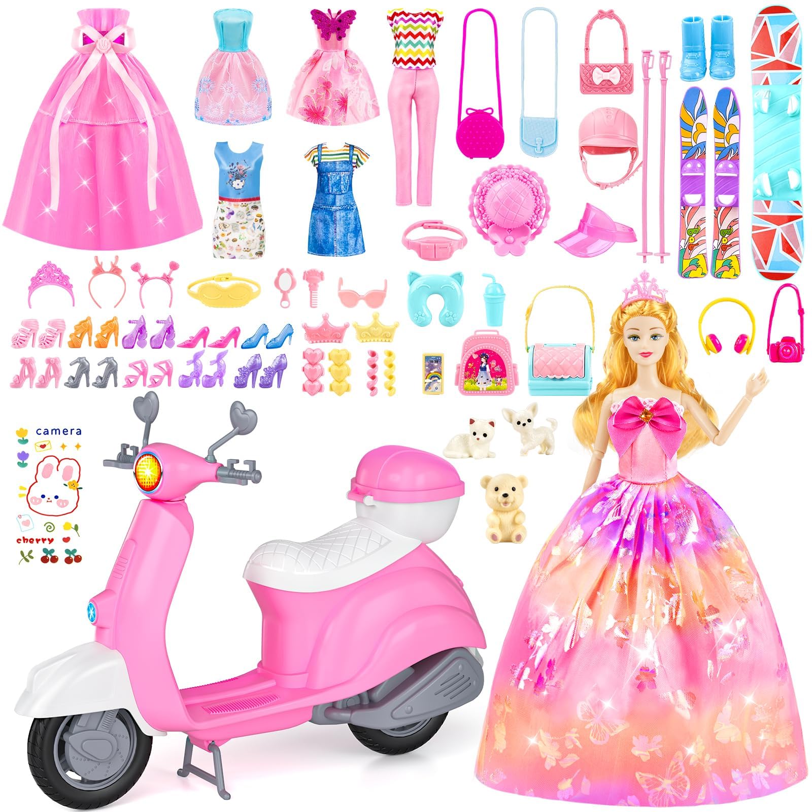 Glisiol 67Pcs Doll Clothes and Accessories with Doll, Motorcycle Scooter Set, Skiing Kit, Pet Set, 10 Shoes, 6 Outfits (Dress/Pants/Casual), Doll Playset Dress Up Toys for Girls Kids Toy Gifts