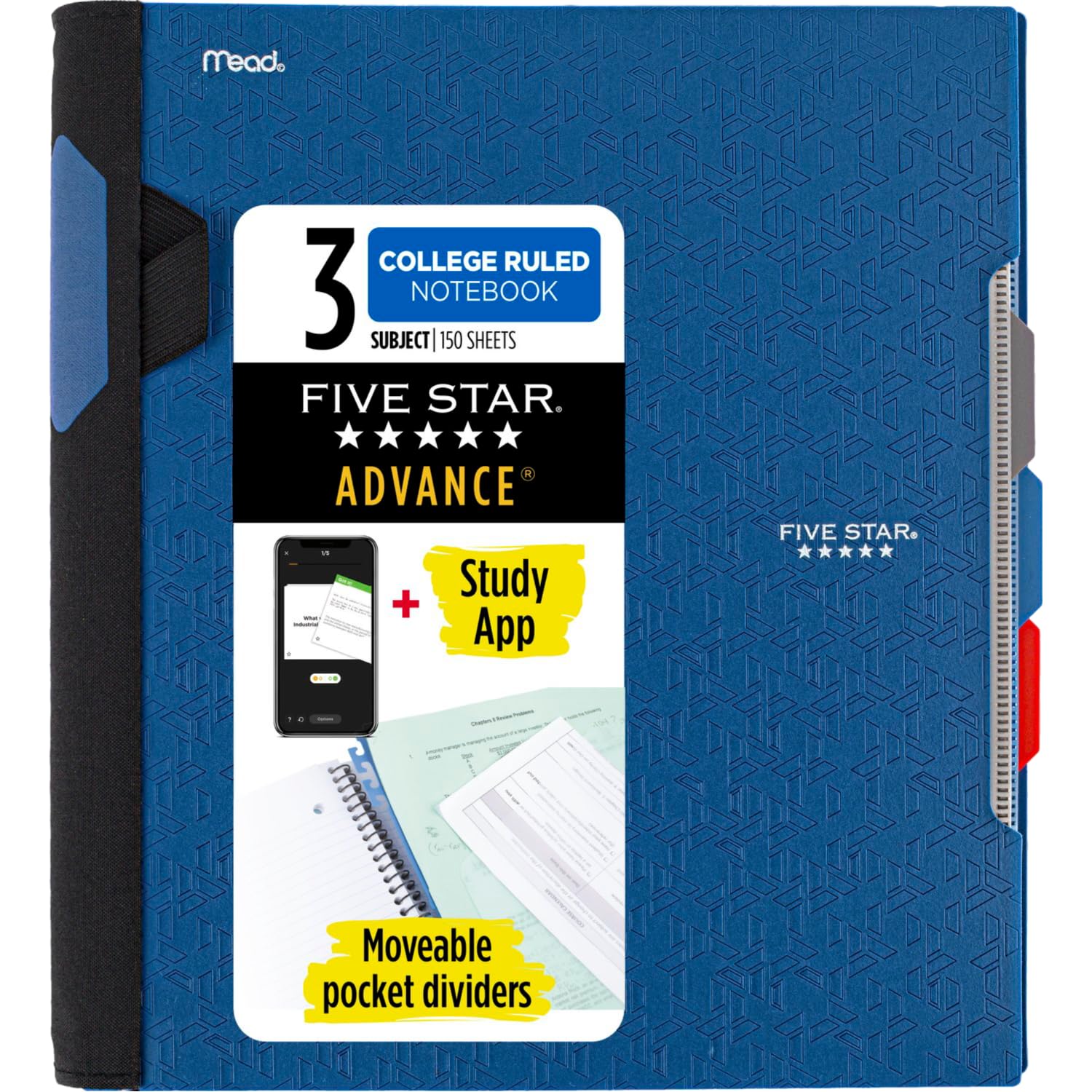 Five Star Advance Spiral Notebook + Study App, 3 Subject, College Ruled Paper, 8-1/2" x 11", 150 Sheets, Spiral Guard, Movable Tabbed Dividers, Pacific Blue (73138) (Pack of 6) Image