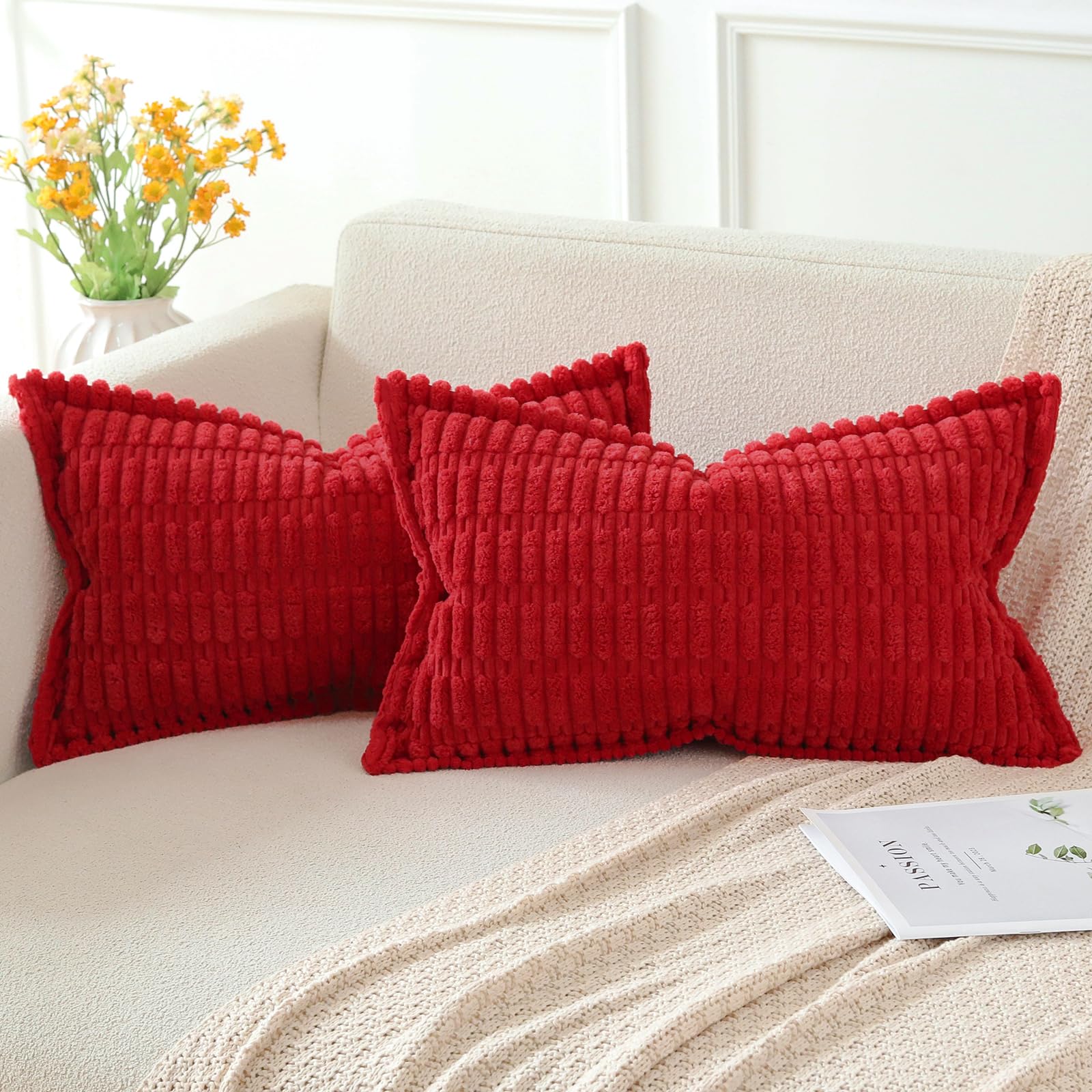 Artscope Red Cushion Covers Set of 2 Corduroy Decorative Square Striped Pillowcase with Stitched Edge Pillow Covers 30x50cm for Home Decor Sofa Bedroom Car — image 1