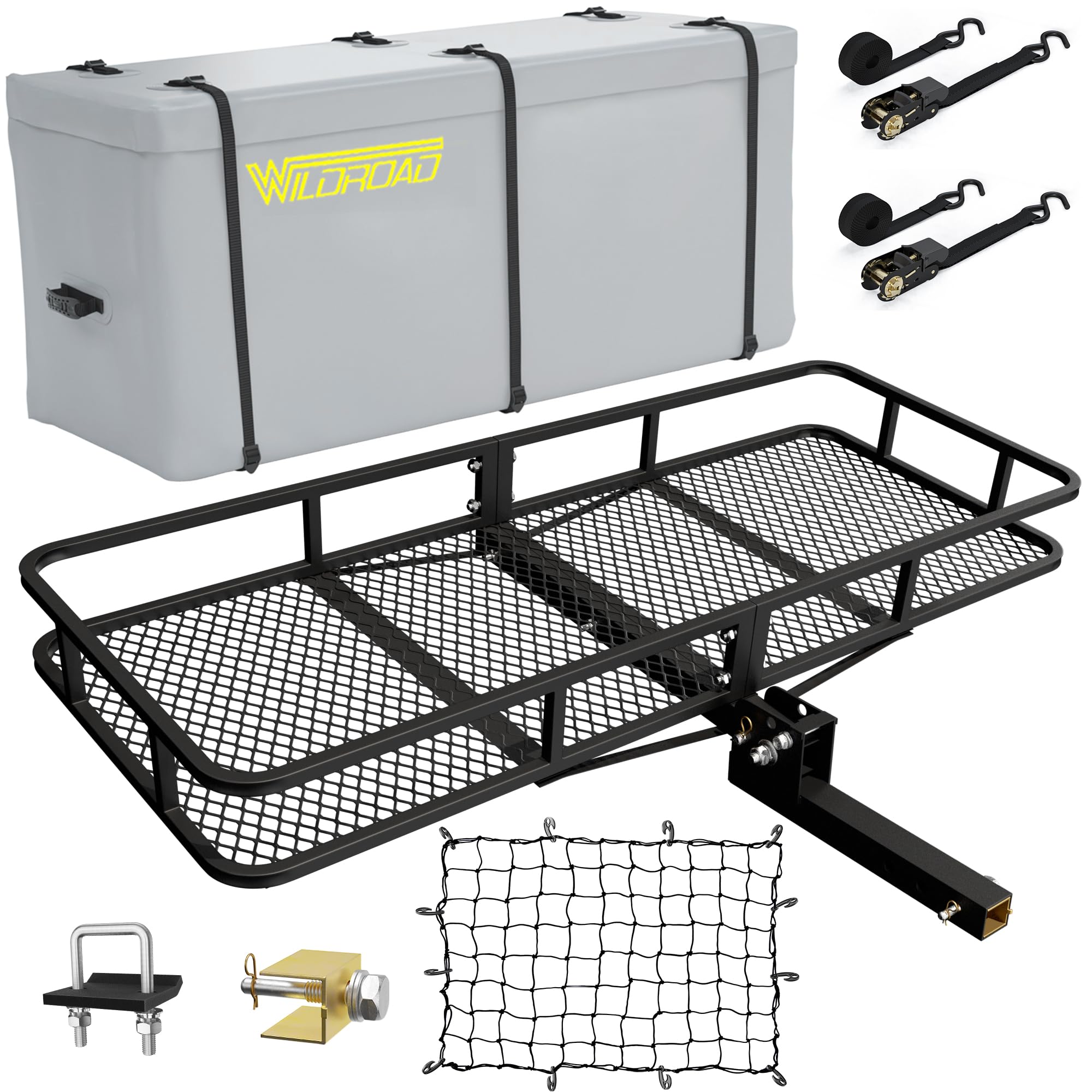 Photo 1 of Wildroad Hitch Cargo Carrier Basket Combo 60" x 24" x 6" 500 LBS Folding Trailer Hitch Cargo Carrier Fits 2" Receiver with 18.2 Cubic feet Cargo Bag, Hitch Stabilizer, Cargo Net and Ratchet Straps