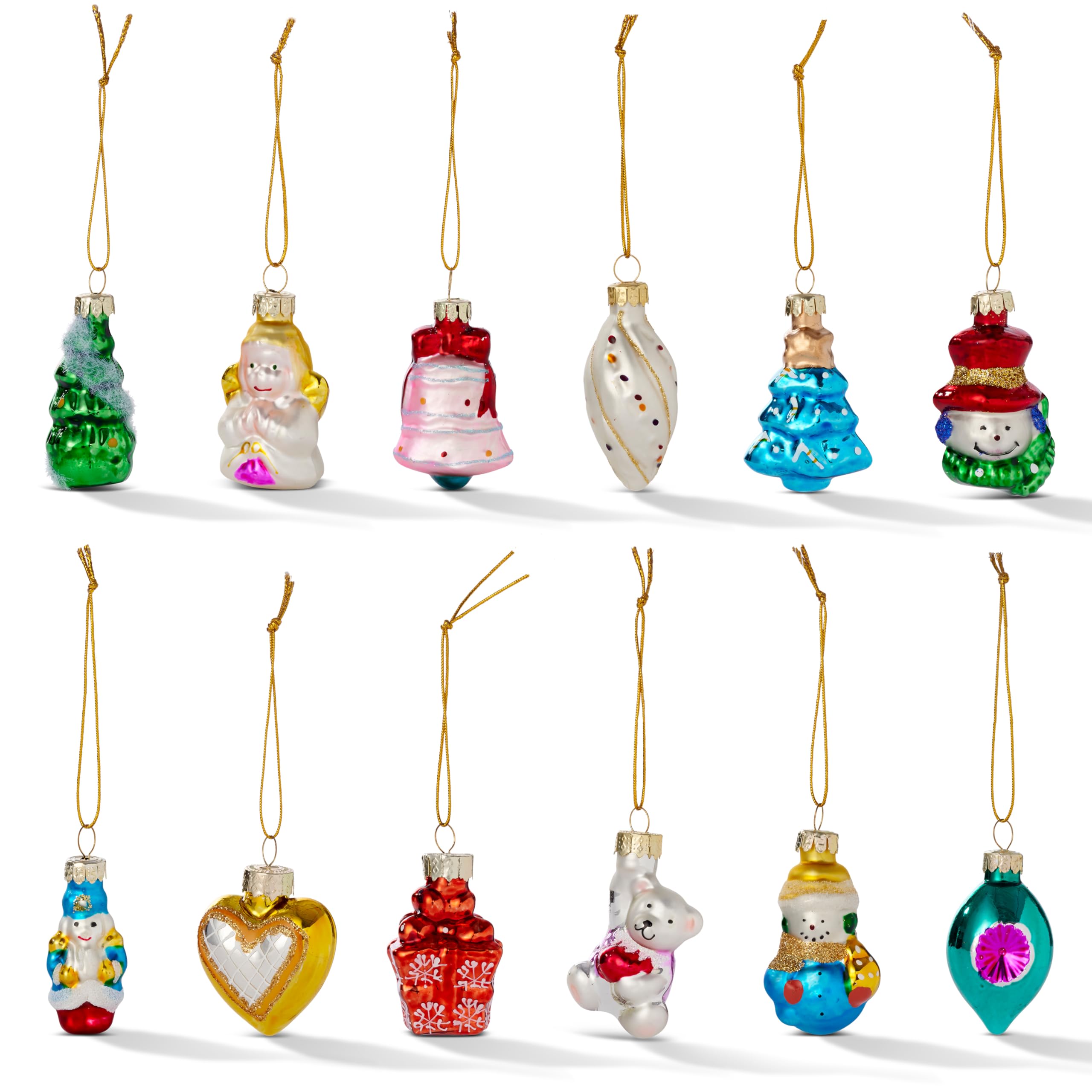 THE TWIDDLERS 12 Pieces Christmas Mini Glass Baubles in Assorted Colourful Festive Traditional Vintage Designs for Xmas Tree Hanging Ornaments and Party Decorations, 5cm