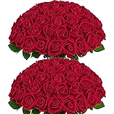 BLEUM CADE 50 Pcs Red Roses Artificial Flowers, Real Touch Velvet Roses Bouquet Fake Flowers Bulk, Artificial Roses with Long