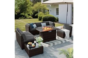 VONZOY 8 Pieces Outdoor Patio Furniture Set with 44" Fire Pit Table Rattan Sectional Conversation Sets w/Gas Fire Pit, Coffee Table, 2 Waterproof Covers, Dark Grey