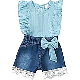 Baby Girl Clothes Toddler Girl Summer Outfit Ruffle Short Sleeve Lace Shirt Blue Jean Shorts Set Toddler Clothes Summer