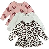 HonestBaby Baby-Girls 3-Pack Long Sleeve Peplum T-Shirt Set 100% Organic Cotton for Toddler, Baby Girls
