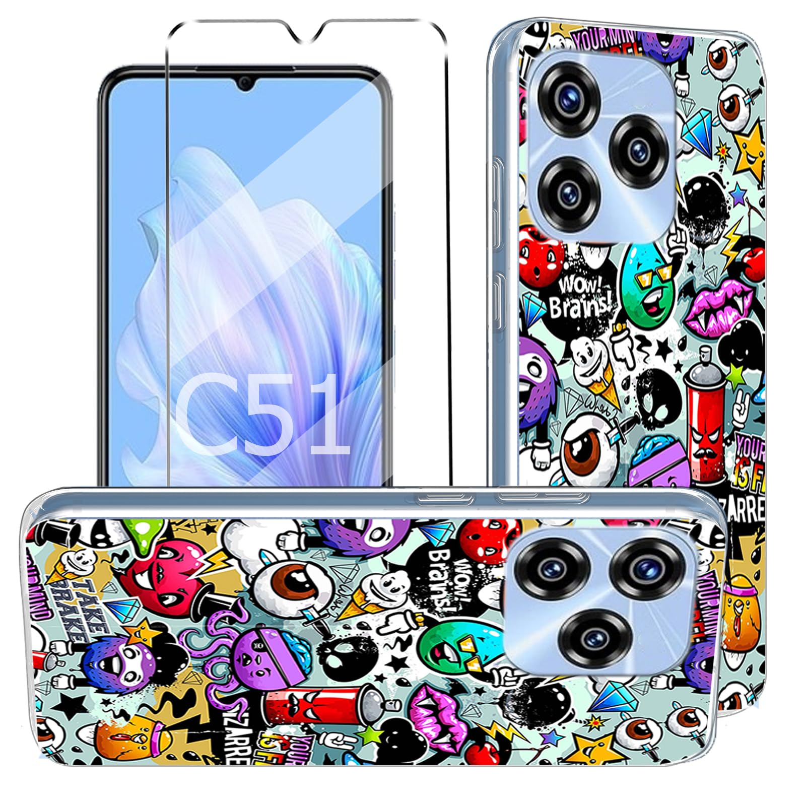 HuiYouMY 2-in-1 Case Compatible with OUKITEL C51 Cover with 1 Pack Tempered Glass Screen Protector for OUKITEL C51, Slim Fit Soft TPU Shockproof Anti-Scratch Phone Case Cover - XS40