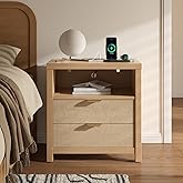 Furnulem Nightstand with Charging Station, Accent Night Stand with 2 Drawers and Storage Shelf, Slide Drawer Bedside Table for Bedroom, Natural Oak Thick Wood and Sturdy