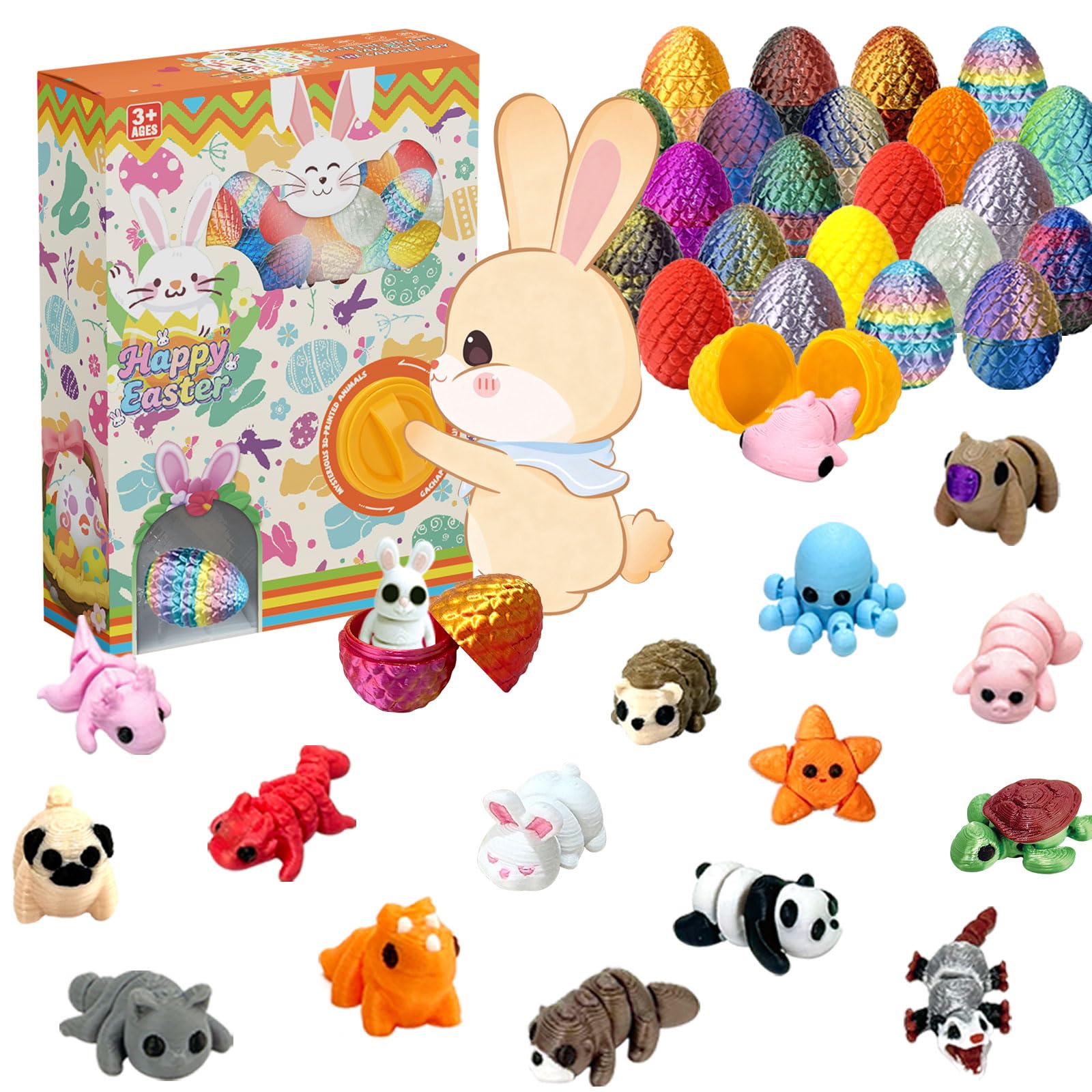 24 Pack Prefilled Easter Eggs with 3D Printed Articulated Animals Inside - Reusable Vending Machine Toy Easter Eggs for Easter Egg Hunt, Party Favor Bags, Gift Filler for Kids