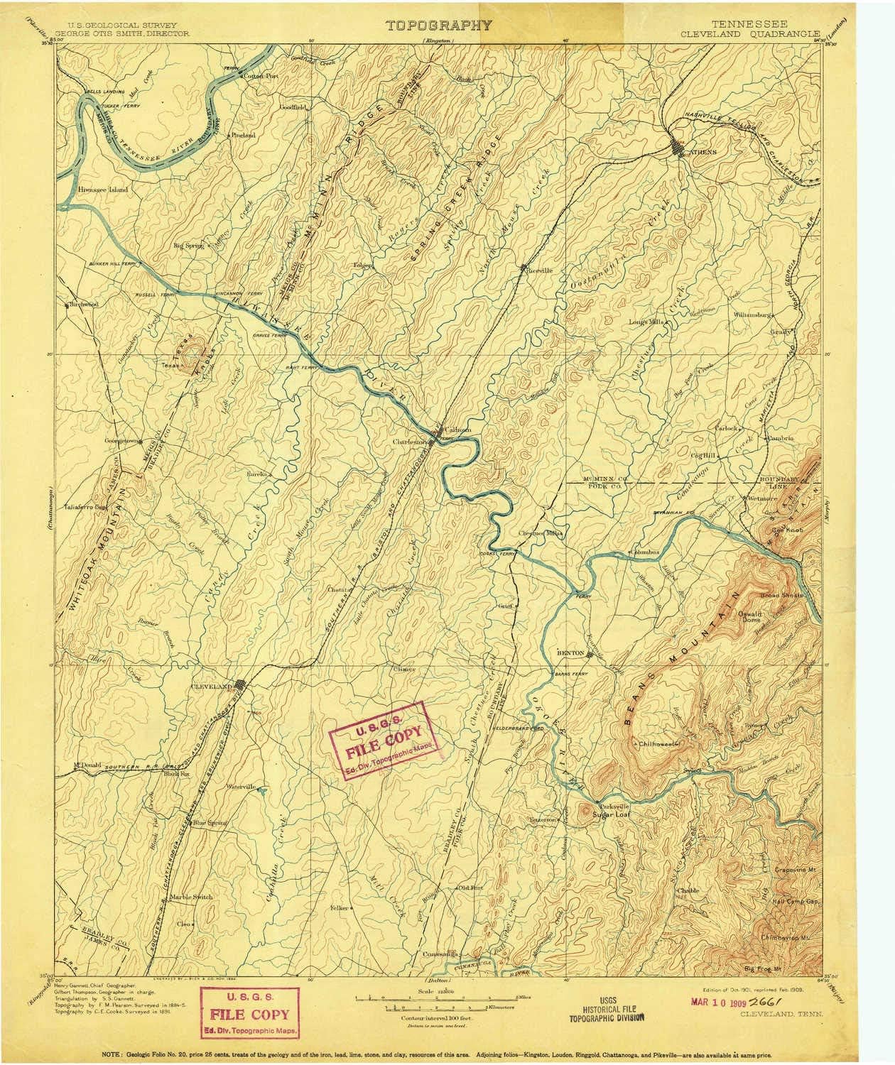 YellowMaps Cleveland TN topo map, 1:125000 Scale, 30 X 30 Minute, Historical, 1901, Updated 1909, 19.9 x 16.8 in