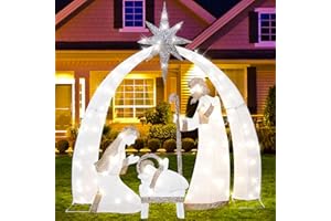 DROFELY DORFELY 52”Nativity Scene Christmas Set Lighted up Decoration for Outdoor Yard Garden Display with 120 LED Warm White Lights, Pre-lit Christmas Tree Holy Family Decor AZ21JH-013