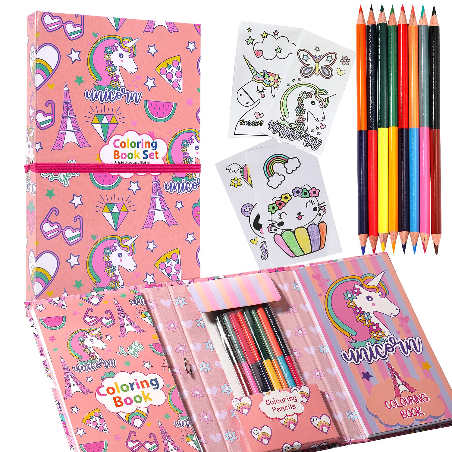 Pinkgarden Unicorn Coloring Kit for Girls - 60 Pages and 16 Colored Pencils for Drawing and Painting - Travel Kit for Kids Ages 3-12