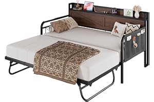 LIKIMIO Twin Daybed with Trundle Bed, Storage Headboard with Charging Station, Sofa Day Bed with Strong Supports for Living Room, Bedroom, and Guest Room, Dark Brown
