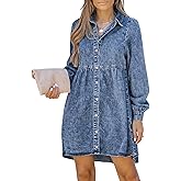 LookbookStore Long Sleeve Denim Dress for Women Jean Dress Button Down Casual Babydoll Denim Shirt Dress