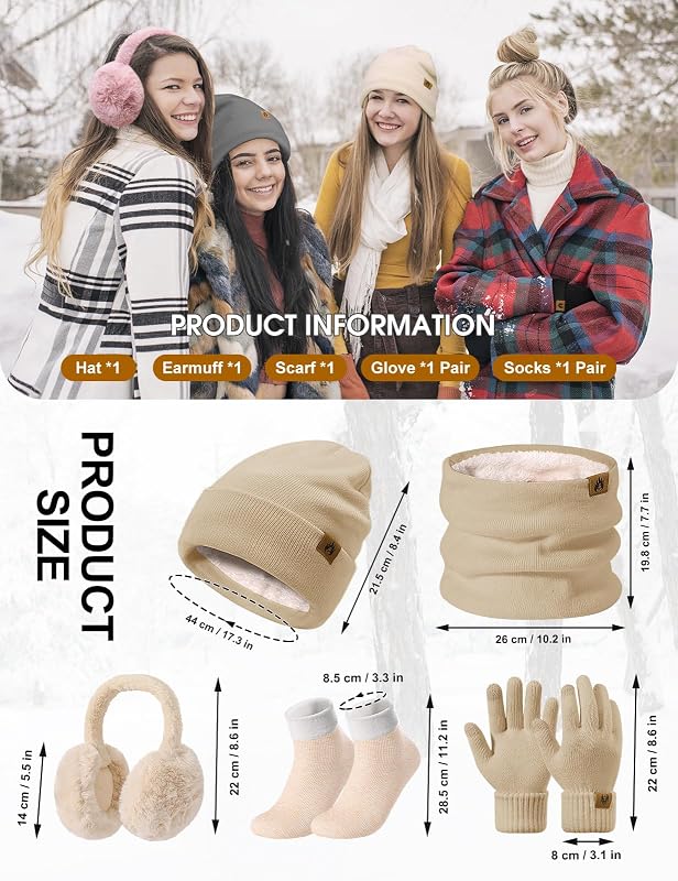 Mütze Schal Handschuhe Damen Winter Set Wintermütze Fleece Gefütterte Beanie Loop Schlauchschal Wärmer Touchscreen Plüsch Ohrenwärmer Verdickte Ohrenschützer Socken-5 Stück Set，Khaki
