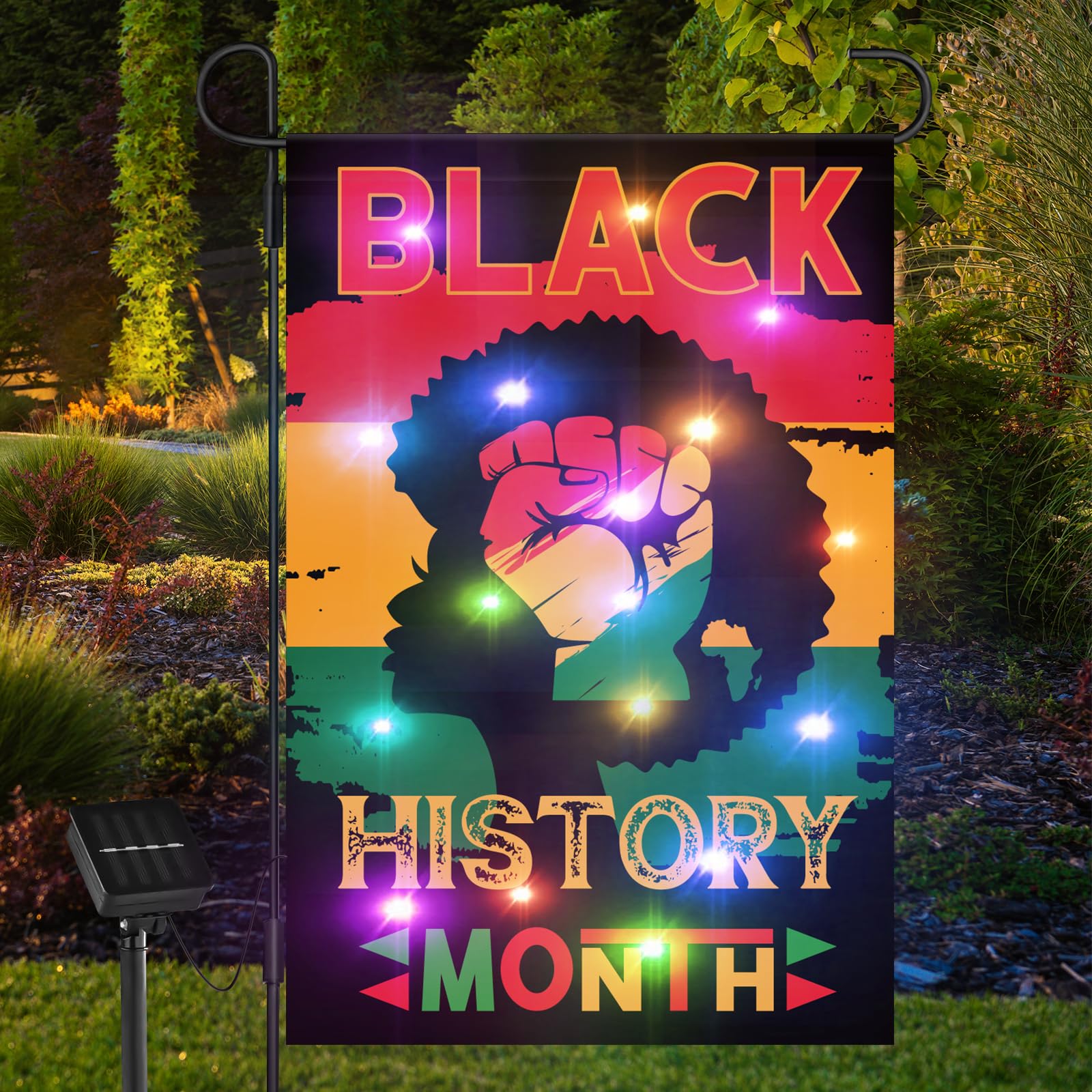 Photo 1 of 12x18 Inch Black History Month Garden Flag, Solar LED African American Holiday Flag, Lighted Double Sided Flag for Black History Month Outdoor Yard Garden Lawn House Decoration