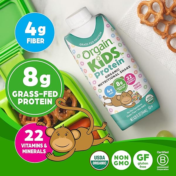 ORGAIN ORGANIC KIDS NUTRITIONAL PROTEIN SHAKE, FRUITY CEREAL – KIDS SNACKS WITH 8G DAIRY PROTEIN, 22 VITAMINS & MINERALS, FRUITS & VEGETABLES, GLUTEN FREE, SOY FREE, NON-GMO, 8.25 FL OZ (PACK OF 12)