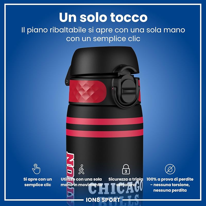 NBA Chicago Bulls Borraccia a Prova di Perdite, 500ml, Facile da Aprire, Serratura Sicura, Lavabile in Lavastoviglie, Senza BPA, Maniglia per il Trasporto, Adatta a Portabicchieri, Facile Pulizia