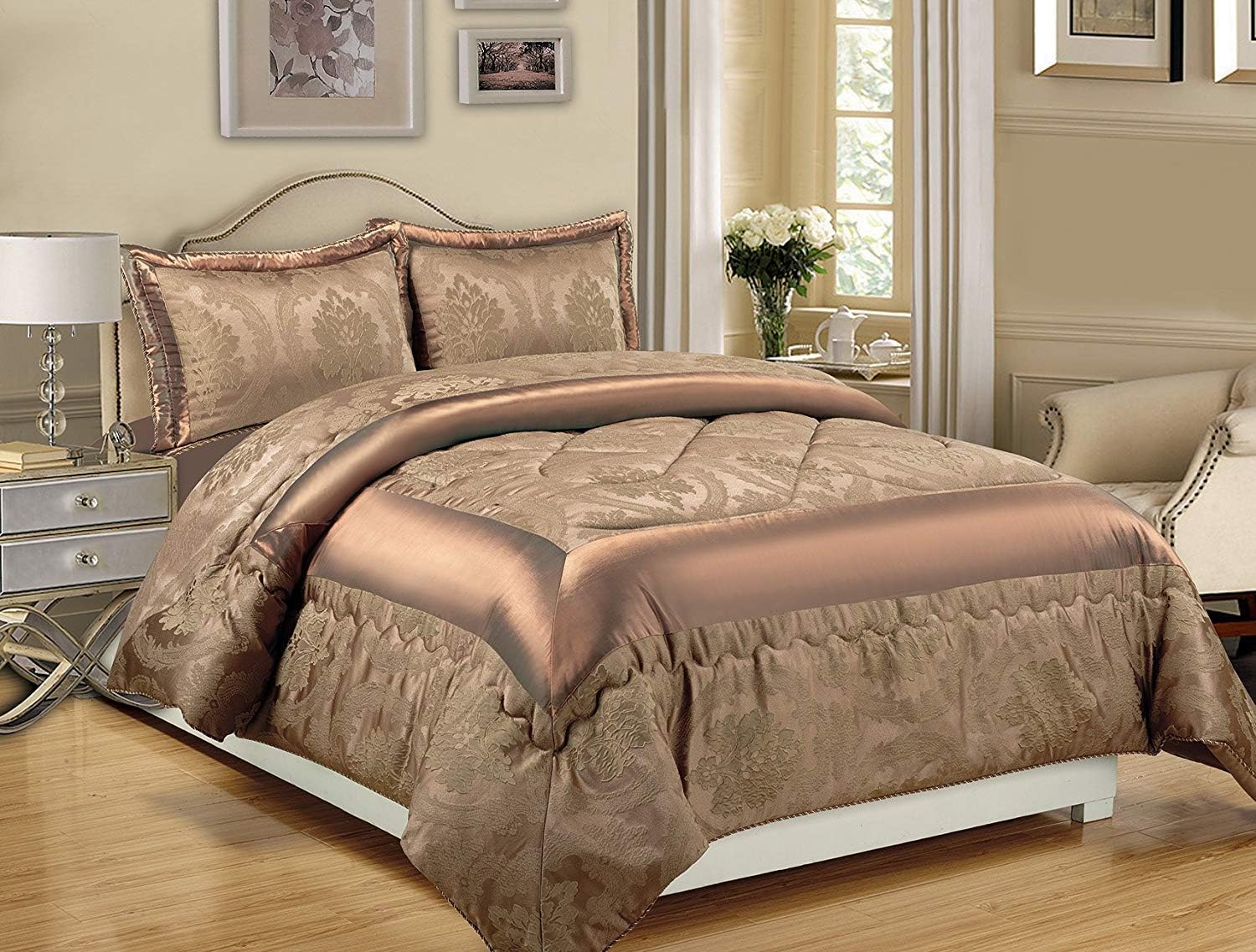 Comfy Decor Luxury Betty 3Pc Jacquard Quilted Bedspread Comforter Set With Two Pillow Cases - Betty Caramel, King Bed