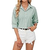 siliteelon Button Down Shirts for Women Striped Dress Shirts 3/4 Sleeve Wrinkle Free Casual Collared Blouse Office Work Shirt