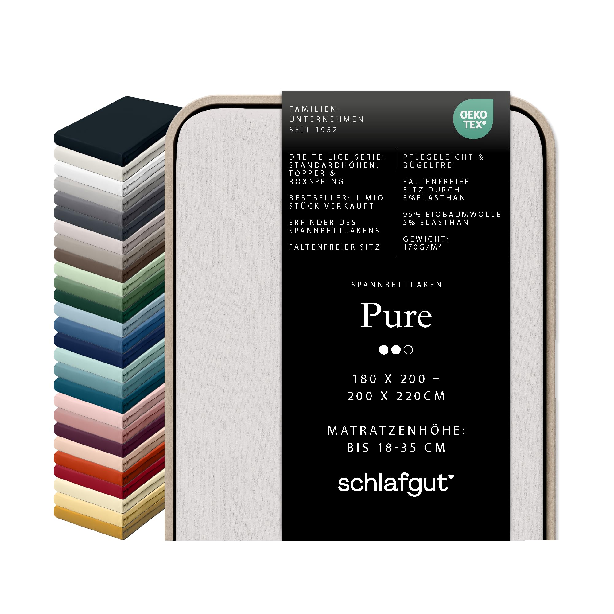 Schlafgut Pure fitted sheet 180x200cm to 200x220cm, 95% soft organic cotton and 5% elastane with 170g/m2 density for a wrinkle-free fit, Sand Light