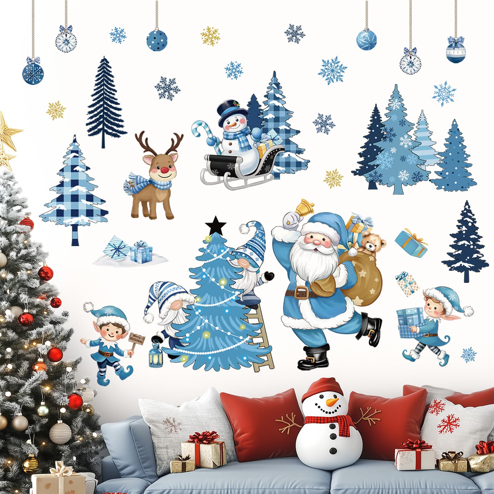 Decalmile Blue Santa Claus Christmas Window Decals - Pine Trees, Reindeer, Gnome, Snowflake, Snowman - Wall Stickers & Clings for Party Showcase