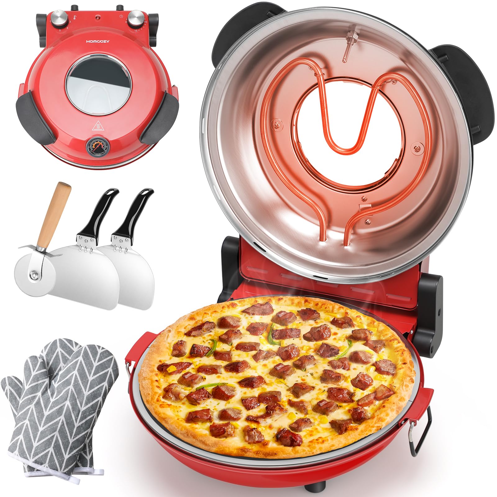 Photo 1 of HomCozy Electric Pizza Oven Indoor with Glazed Ceramic Stone, 12-Inch Portable Countertop Pizza Maker with Adjustable Timer, 1200W Heat up to 800°F Pizza Maker with Viewing Window for Home DIY Pizza