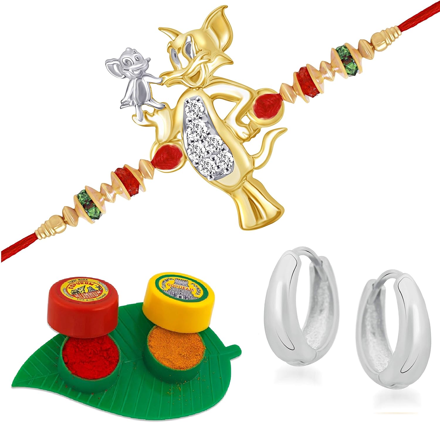 vk jewels tom & jerry gold and rhodium plated alloy cz american diamond rakhi combo set for men [vkrakhi1159r]