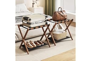 OAKVIVO Fully Assembled Walnut Luggage Racks Set of 2, Bamboo 26.77" Luggage Rack Stand for Guest Room, 5 Nylon Straps, Foldable Suitcase Stand with Storage Shelf for Bedroom Hotel, Holds up to 165 Lbs