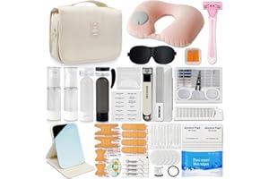 ARK SURVIVOR Travel Kit 39 Essentials for Travel Emergency, Large Capacity Toiletry Bag, All Purpose Grooming Set, Airplane Pillow Kit, TSA Approved (Pearl Bisque Beige)