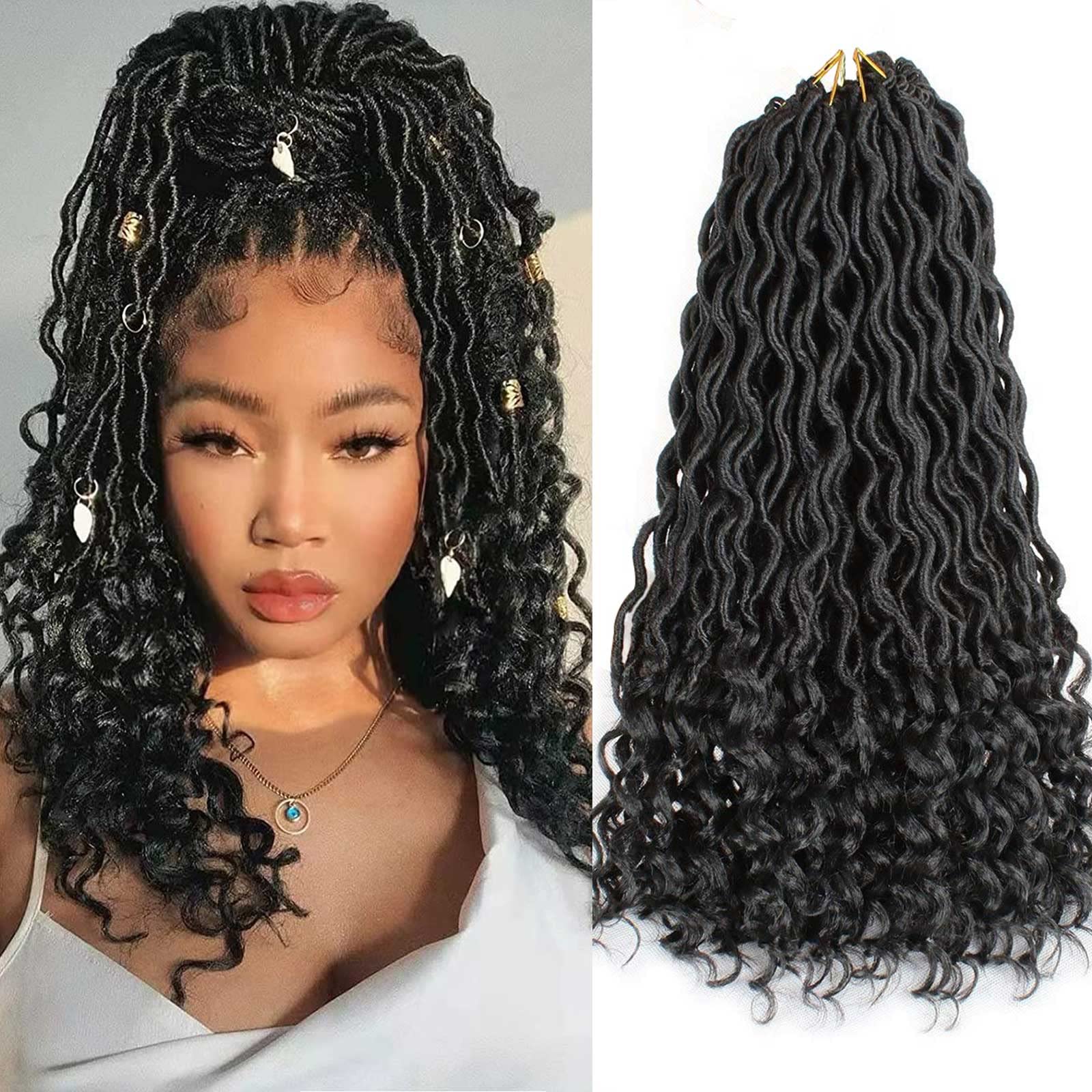 Xtrend 18 Inch 6Packs Goddess Faux Locs Deep Curly Crochet Hair Wavy End 20strands/Pack Pre-Looped Faux Locs Braiding Hair Extension for Black Women High Temperature Black Crochet Braids 1B# — image 1